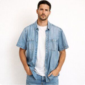 Scandia Woods Men's Light Wash Vintage Denim Short Sleeve Button Down Shirt - M